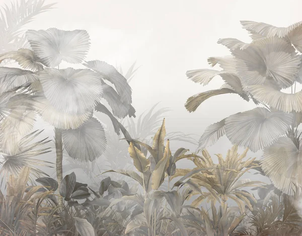 Alberi Tropicali Foglie Disegno Carta Parati Nella Foresta Nebbiosa Illustrazione — Foto Stock