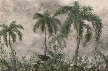 Sisli orman duvar kağıdı tasarımında tropikal ağaçlar ve yapraklar - 3 boyutlu illüstrasyon