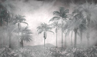 Sisli orman duvar kağıdı tasarımında tropikal ağaçlar ve yapraklar - 3 boyutlu illüstrasyon