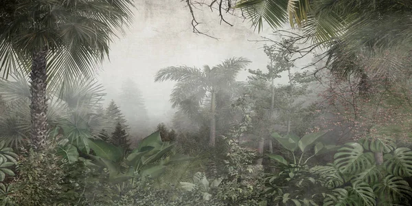tropical trees and leaves in foggy forest wallpaper design - 3D illustration