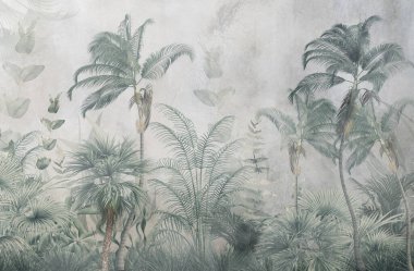 Sisli orman duvar kağıdı tasarımında tropikal ağaçlar ve yapraklar - 3 boyutlu illüstrasyon