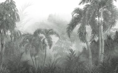 Sisli orman duvar kağıdı tasarımında tropikal ağaçlar ve yapraklar - 3 boyutlu illüstrasyon