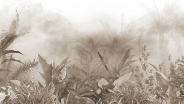 Sisli orman duvar kağıdı tasarımında tropikal ağaçlar ve yapraklar - 3 boyutlu illüstrasyon