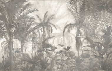 Sisli orman duvar kağıdı tasarımında tropikal ağaçlar ve yapraklar - 3 boyutlu illüstrasyon