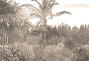 Sisli orman duvar kağıdı tasarımında tropikal ağaçlar ve yapraklar - 3 boyutlu illüstrasyon