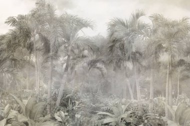 Sisli orman duvar kağıdı tasarımında tropikal ağaçlar ve yapraklar - 3 boyutlu illüstrasyon