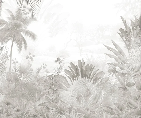 Tropische Bäume Und Blätter Nebligen Wald Tapeten Design Illustration — Stockfoto