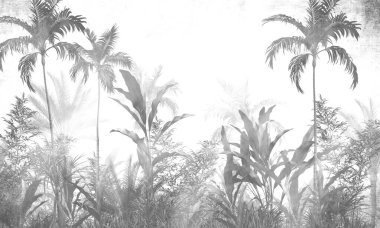 Sisli orman duvar kağıdı tasarımında tropikal ağaçlar ve yapraklar - 3 boyutlu illüstrasyon