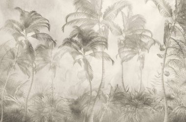 Sisli orman duvar kağıdı tasarımında tropikal ağaçlar ve yapraklar - 3 boyutlu illüstrasyon