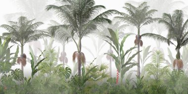 Sisli orman duvar kağıdı tasarımında tropikal ağaçlar ve yapraklar - 3 boyutlu illüstrasyon