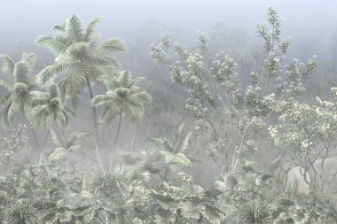 Sisli orman duvar kağıdı tasarımında tropikal ağaçlar ve yapraklar - 3 boyutlu illüstrasyon