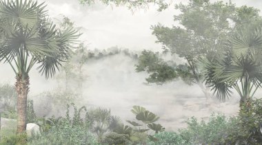 Sisli orman duvar kağıdı tasarımında tropikal ağaçlar ve yapraklar - 3 boyutlu illüstrasyon