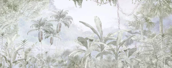 Tropiska Träd Och Blad Dimmig Skog Tapet Design Illustration — Stockfoto