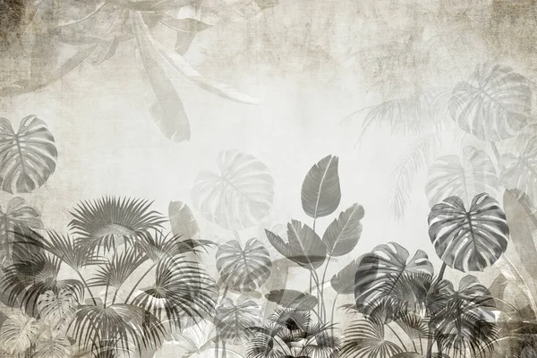 Arbres Tropicaux Feuilles Dans Conception Papier Peint Forêt Brumeuse Illustration — Photo