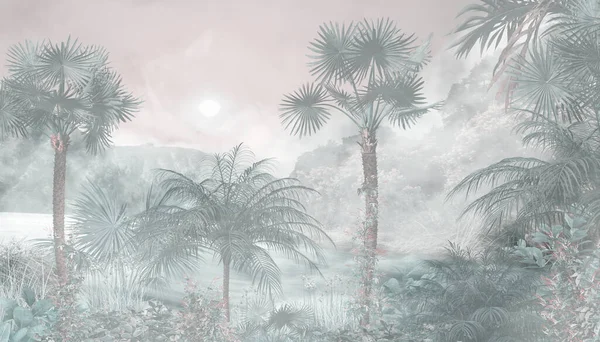 雾蒙蒙的森林壁纸图案中的热带树木和树叶 3D插图 — 图库照片
