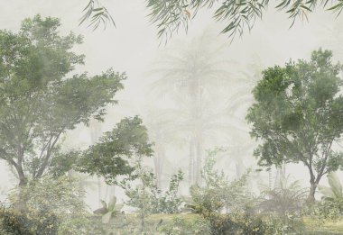 Sisli orman duvar kağıdı tasarımında tropikal ağaçlar ve yapraklar - 3 boyutlu illüstrasyon