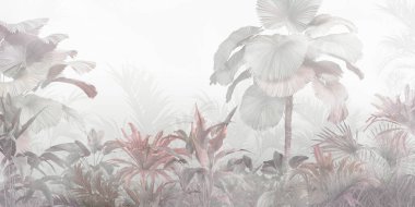 Sisli orman duvar kağıdı tasarımında tropikal ağaçlar ve yapraklar - 3 boyutlu illüstrasyon