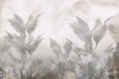 Sisli orman duvar kağıdı tasarımında tropikal ağaçlar ve yapraklar - 3 boyutlu illüstrasyon