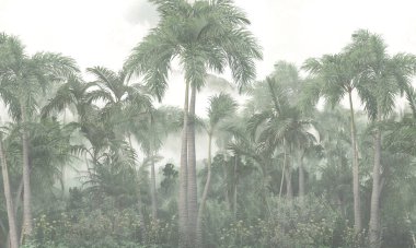 Sisli orman duvar kağıdı tasarımında tropikal ağaçlar ve yapraklar - 3 boyutlu illüstrasyon