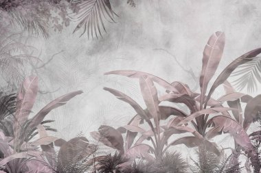 Sisli orman duvar kağıdı tasarımında tropikal ağaçlar ve yapraklar - 3 boyutlu illüstrasyon