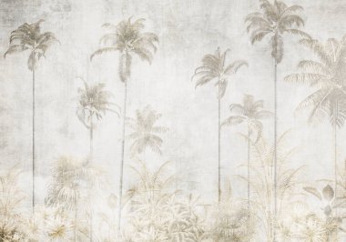 Tropikal yapraklar ve Ağaçlar Duvar kağıdı tasarımı - 3 boyutlu illüstrasyon