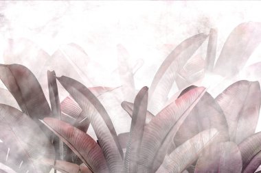 Tropikal yapraklar ve Ağaçlar Duvar kağıdı tasarımı - 3 boyutlu illüstrasyon