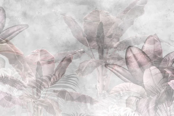 Tropical leaves and Trees Wallpaper design - 3D illustration