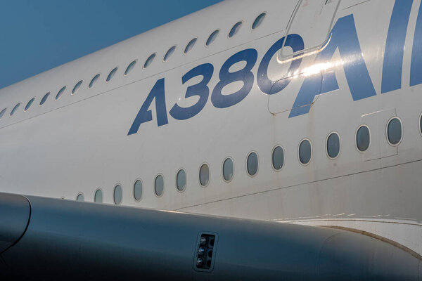 View of a AIRBUS A380 in Toulouse, France on July 21, 2021.