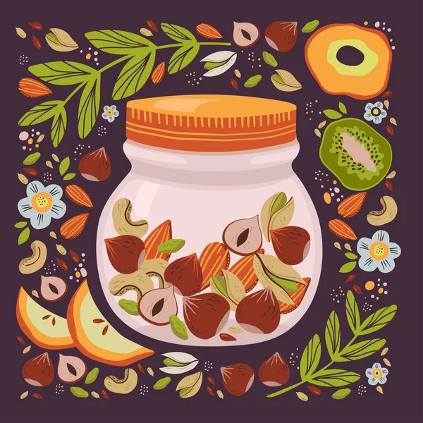 Karışık fındık ve kurutulmuş meyve tasviri. Fındık, badem, kaju, kuru üzüm, elma, fıstık, meyve dükkanı veya market için kivi..