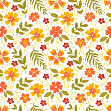 Renkli, pürüzsüz desenli, el çizimi çiçekler ve yapraklar. Moda baskısı tasarımı, vektör illüstrasyonu