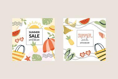 Sosyal medya posta vektörü seti. Farklı unsurlara sahip yaz satışı şablonu: kıyafetler, meyveler ve yapraklar