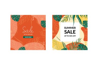 Sosyal medya posta vektörü seti. Tropikal yapraklı yaz satışı arka plan şablonu