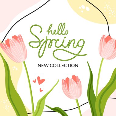 Bahar arka planı. Yeni koleksiyon. Güzel lale çiçekleri. Bahar havası. Poster, kartpostal ve pankart için tasarım. El çizimi vektör illüstrasyonu.