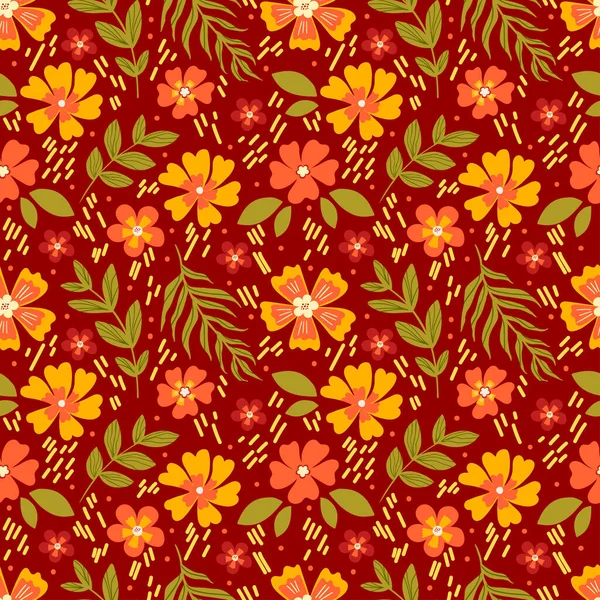 Colorful seamless pattern with hand drawn flowers and leaves. Fashion print design, vector illustration