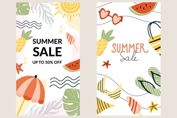 Social media stories vector set. Summer sale background template with different elements: clothes, fruits, and leaves