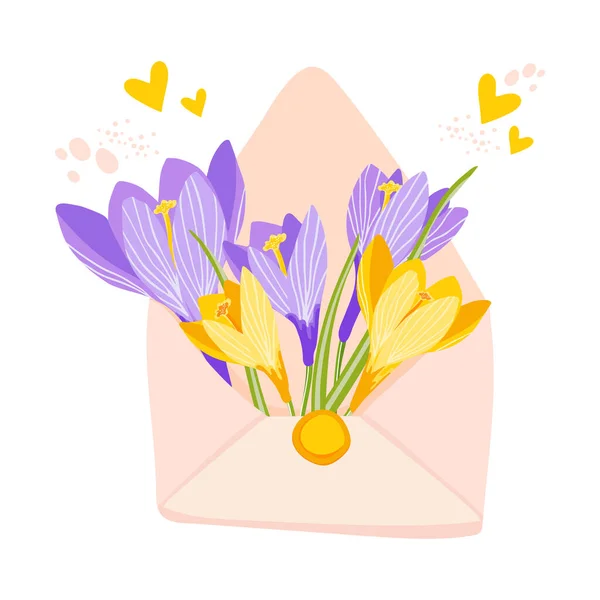Beautiful Crocus Flowers Postal Envelope Hand Drawn Vector Illustration Template — Vetor de Stock