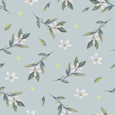 Mavi arka planda yaprakları ve çiçekleri olan kusursuz bir desen. Çiçek arka planı.