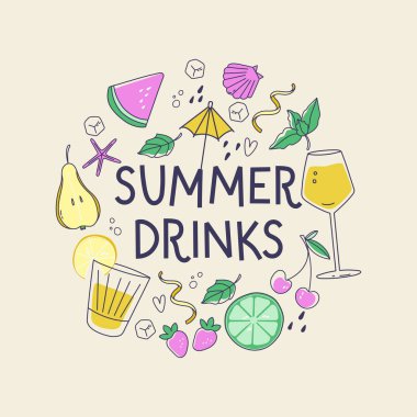 El çizimi yaz çizimleri. Yaz plajı partisi davetiyesi için modaya uygun tasarım, bar içki menüsü, kokteyl kartı. Armut, elma, kireç ve karpuzla yaz renkleri karışımı kullanılmış. Vektör illüstrasyonu.