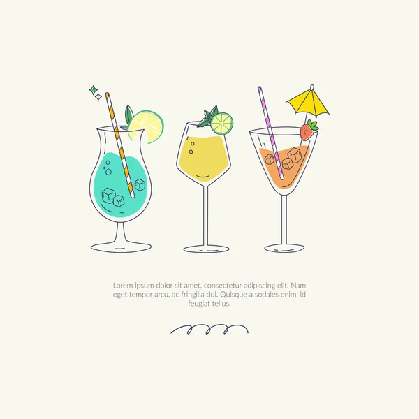 Getekend Zomer Illustraties Diverse Geïsoleerde Cocktailglazen Met Dranken Trendy Design — Stockvector