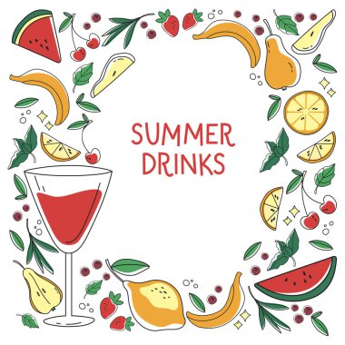 El çizimi yaz illüstrasyonu. Kokteyl ve kokteyli oluşturan çeşitli elementlerle çerçevelet. Alkollü içecekler, kokteyl kartı ve taze meyve suları için modaya uygun davet tasarımı.