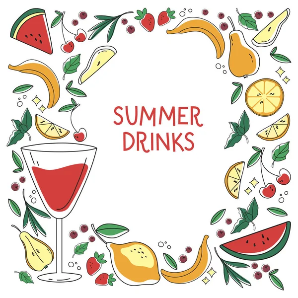 El çizimi yaz illüstrasyonu. Kokteyl ve kokteyli oluşturan çeşitli elementlerle çerçevelet. Alkollü içecekler, kokteyl kartı ve taze meyve suları için modaya uygun davet tasarımı.