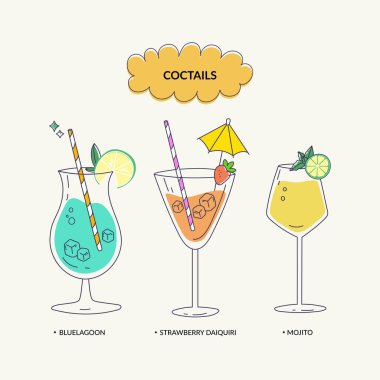  Vektör çizimi. İçeceklerle birlikte çeşitli izole kokteyller. Yaz partisi davetiyesi için modaya uygun tasarım, bar içki menüsü, kokteyl kartı.. 