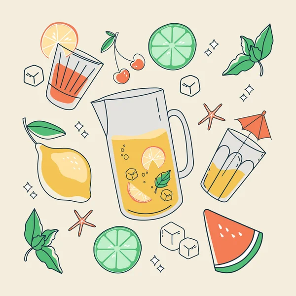 一套适用于酒吧菜单 鸡尾酒牌和各种横幅的各种鸡尾酒元素 水果和其他细节用夏天的颜色描绘 矢量说明 — 图库矢量图片
