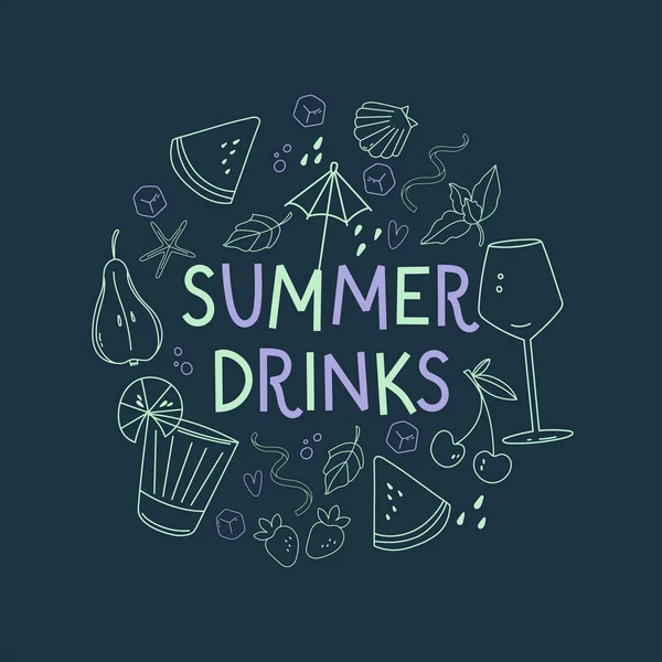 Vector Illustration Inscription Summer Drinks Different Elements Refreshing Drinks Plain — Stock Vector