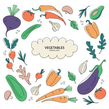 Taze sebze çerçevesi. Büyük set. Beyaz arkaplanda izole edilmiş resimlerin koleksiyonu. El çizimi vektör illüstrasyonu.