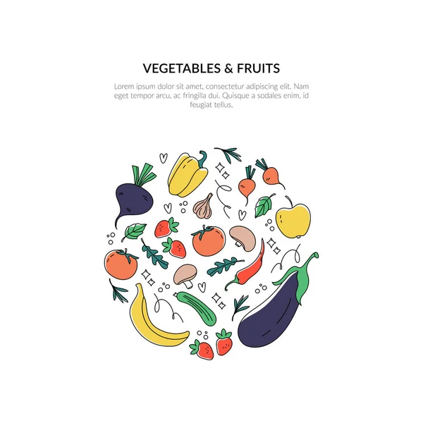 Farklı Meyve Sebzeler Organik Gıdaların Vektör Çizimi — Stok Vektör
