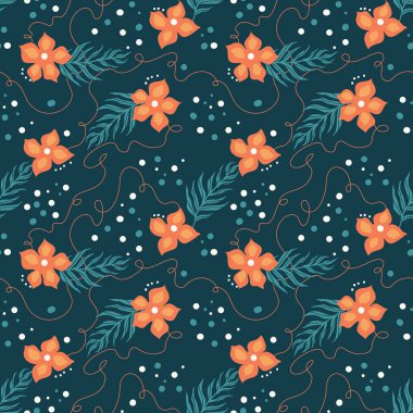 Kusursuz çiçek deseni, dallar ve karanlık bir arka planda girdaplar. Moda baskısı tasarımı, vektör illüstrasyonu