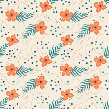 Renkli, pürüzsüz desenli, el çizimi çiçekler ve yapraklar. Poster, afiş, tekstil çizimi. Vektör illüstrasyonu.