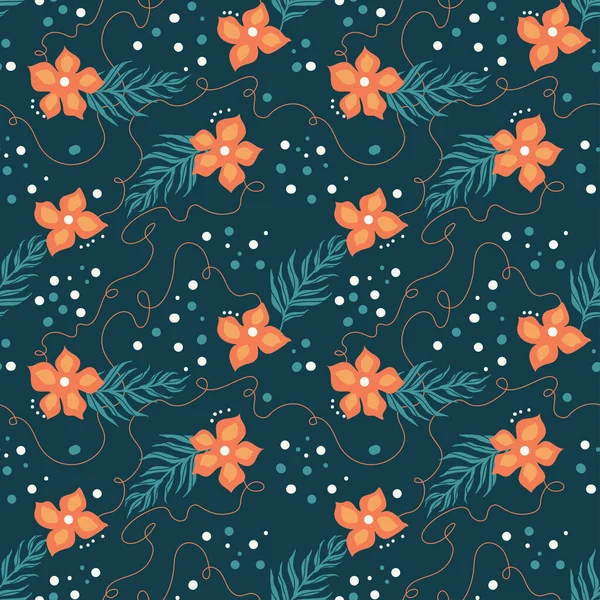 Seamless pattern of flowers, branches and swirls on a dark background. Fashion print design, vector illustration