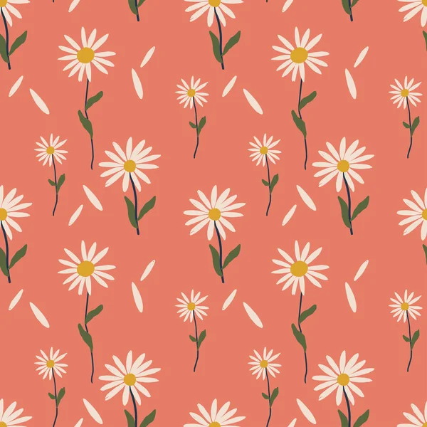Abstract field of daisies on a bright summer background. Seamless vector pattern. Cute floral print.